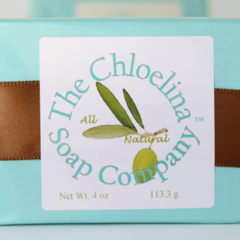 Chloelina blue packaging with a brown ribbon and soap label
