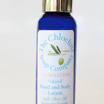 blue lotion bottle with silver cap and Chloelina product info hand and body lotion carnation