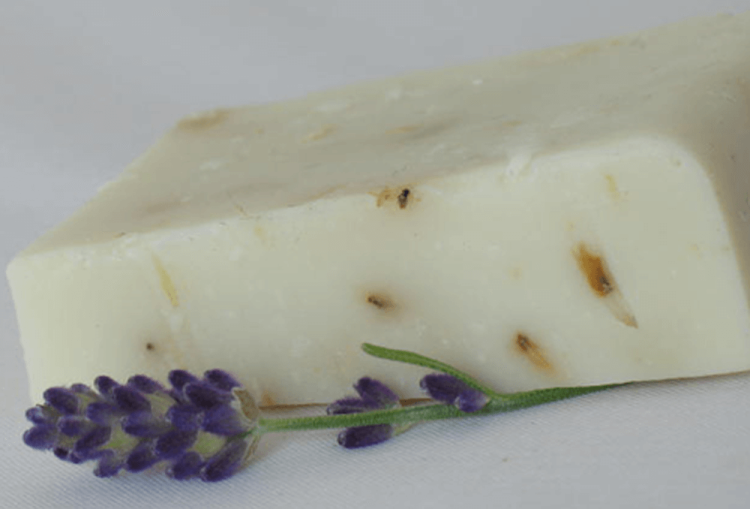 Lavender Castile soap bar with lavendar flower buds in the soap and a lavender flower stalk for decoration
