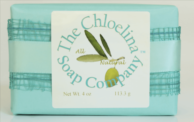 Chloelina Ocean Breeze soap bar wrapped in aqua gloss paper with logo label