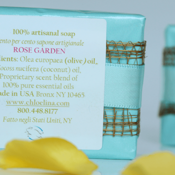 bar of rose garden soap wrapped in aqua paper and chloelina logo