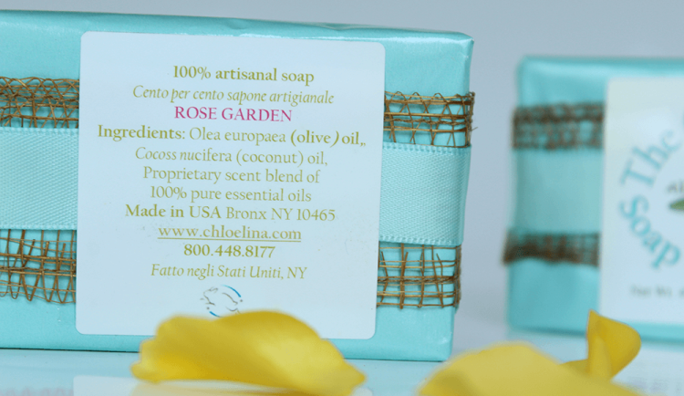 bar of rose garden soap wrapped in aqua paper and chloelina logo