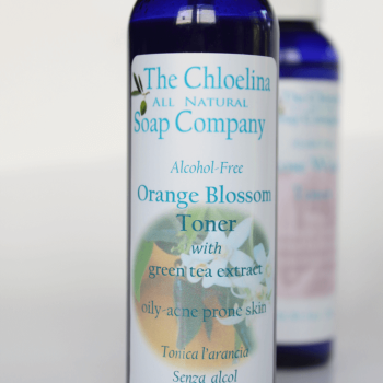 Blue bottle with Chloelina brand logo and label for orange blossom facial toner